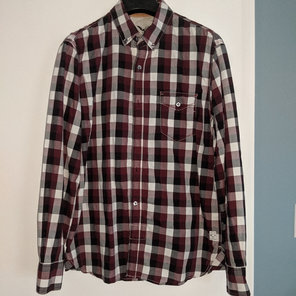FCUK red black white checkered button down large - Picture 1 of 3
